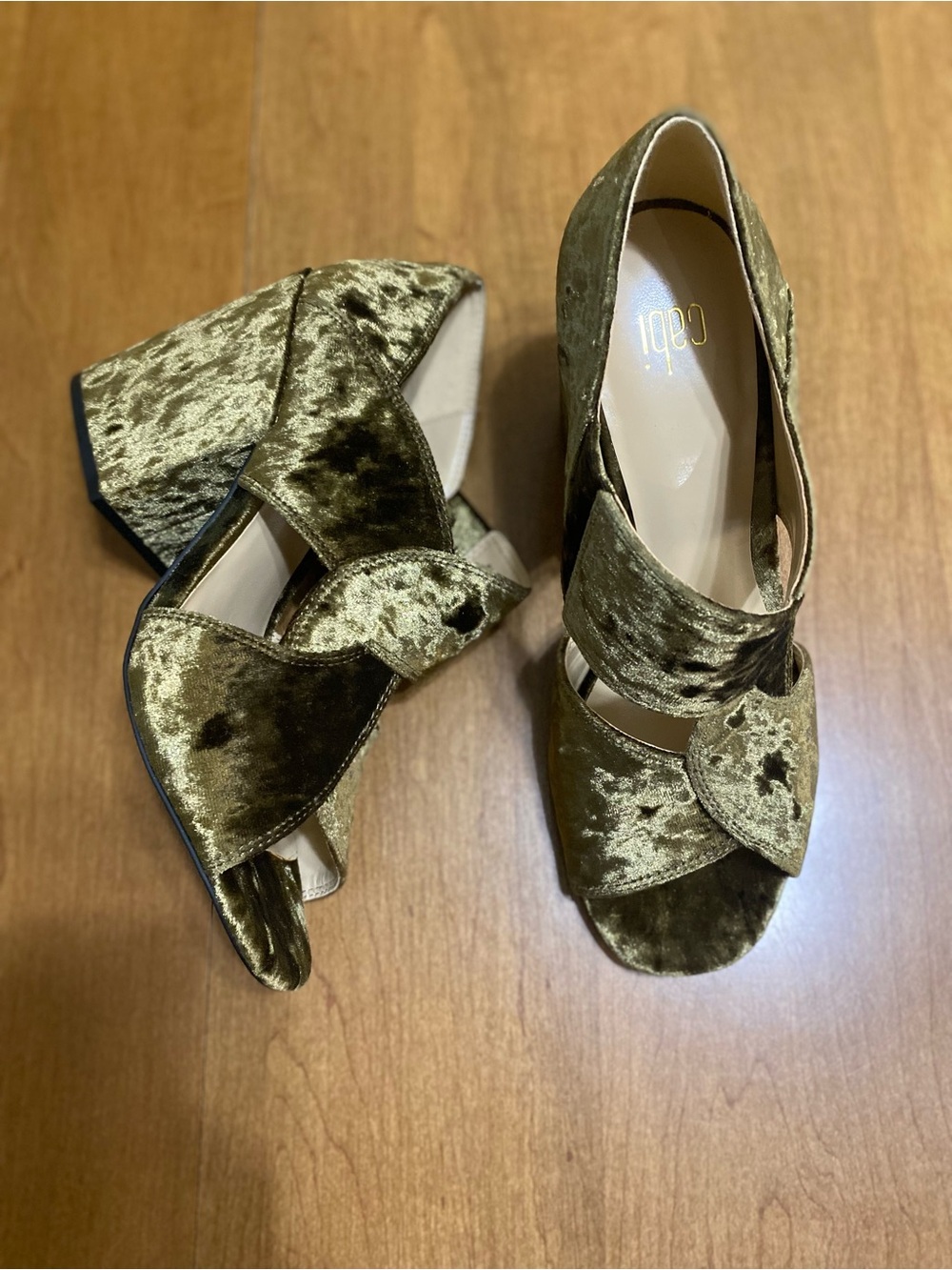 CAbi Interlock Block Olive Green Crushed Velvet Block Heel Sandals size 8